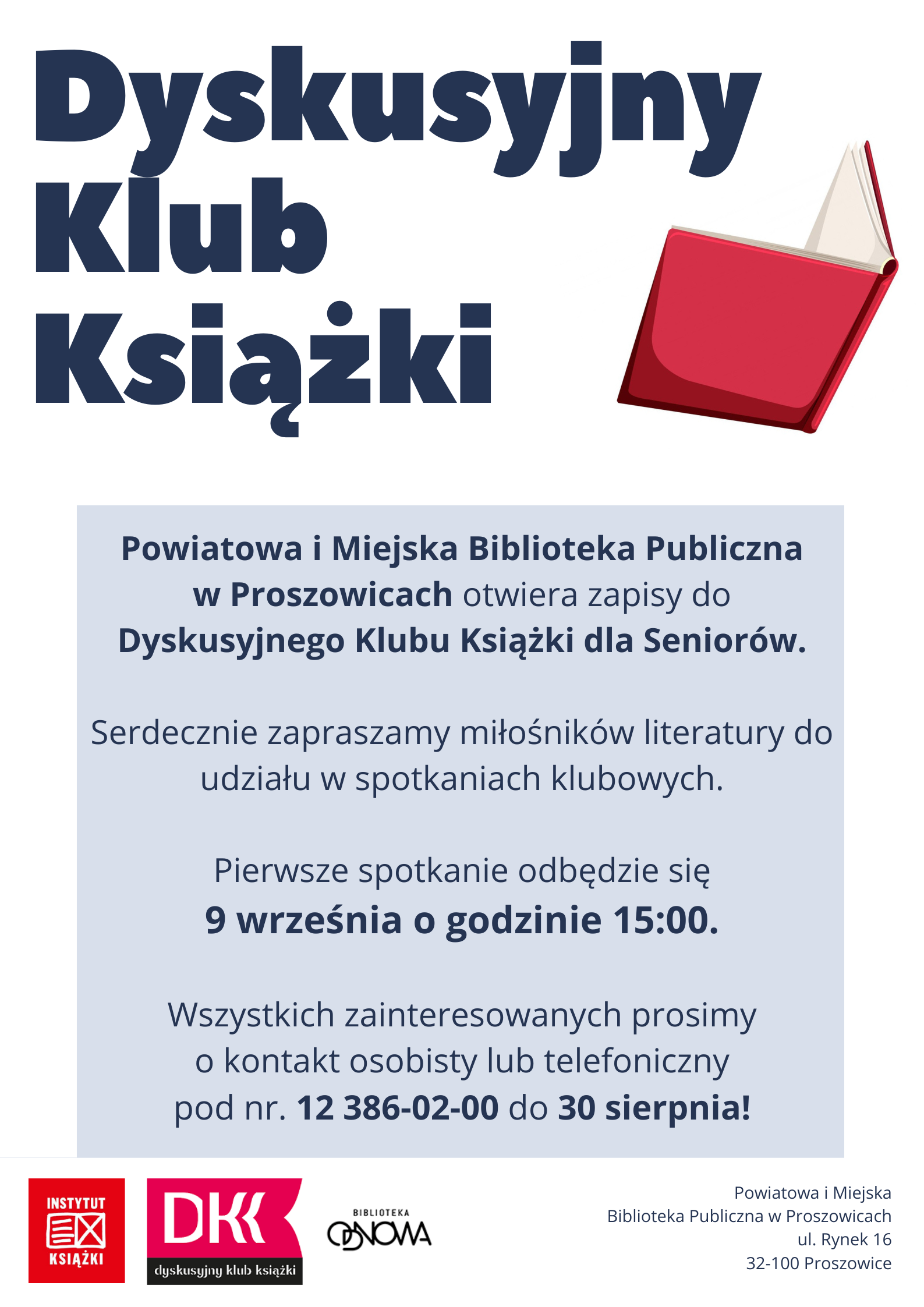 plakat dyskusyjnego klubu książki, skr&oacute;t informacji zawartych w ogłoszeniu